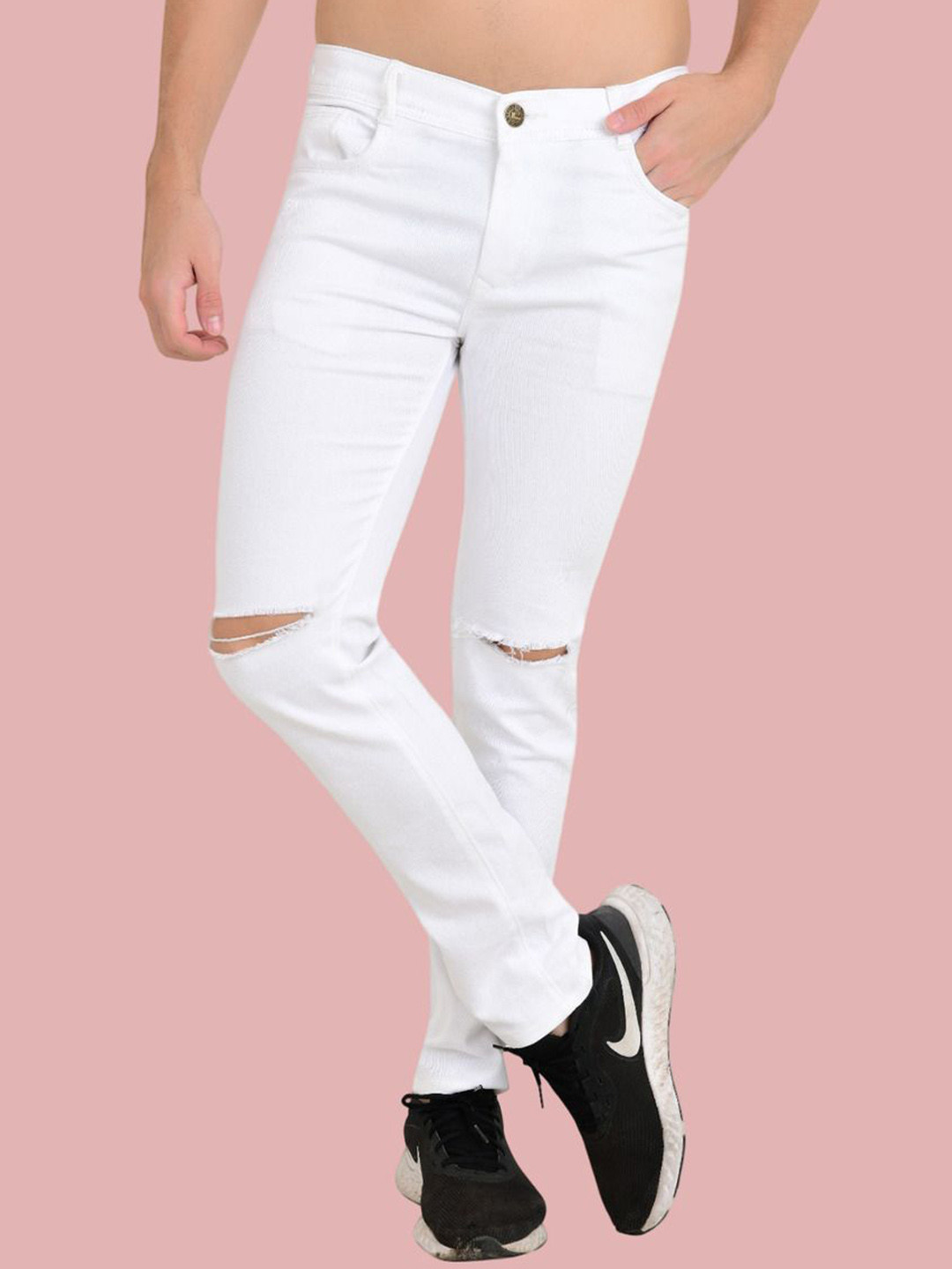 

LINARIA Men Classic Slim Fit Slash Knee Jeans, White