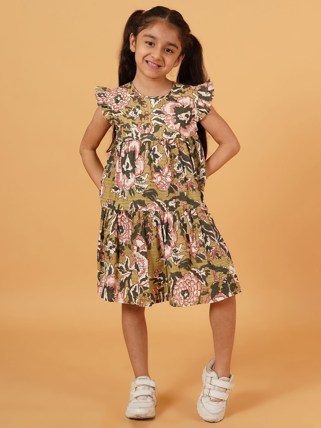 

Creative Kids Floral Print Flutter Sleeve Fit & Flare Dress, Green