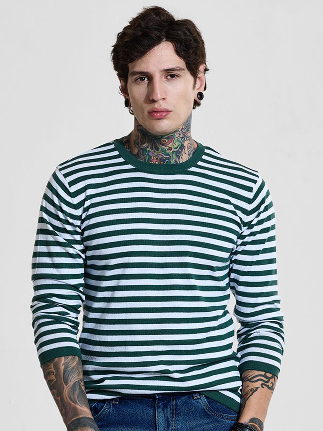 

Snitch Men Striped Monochrome Slim Fit T-shirt, Green