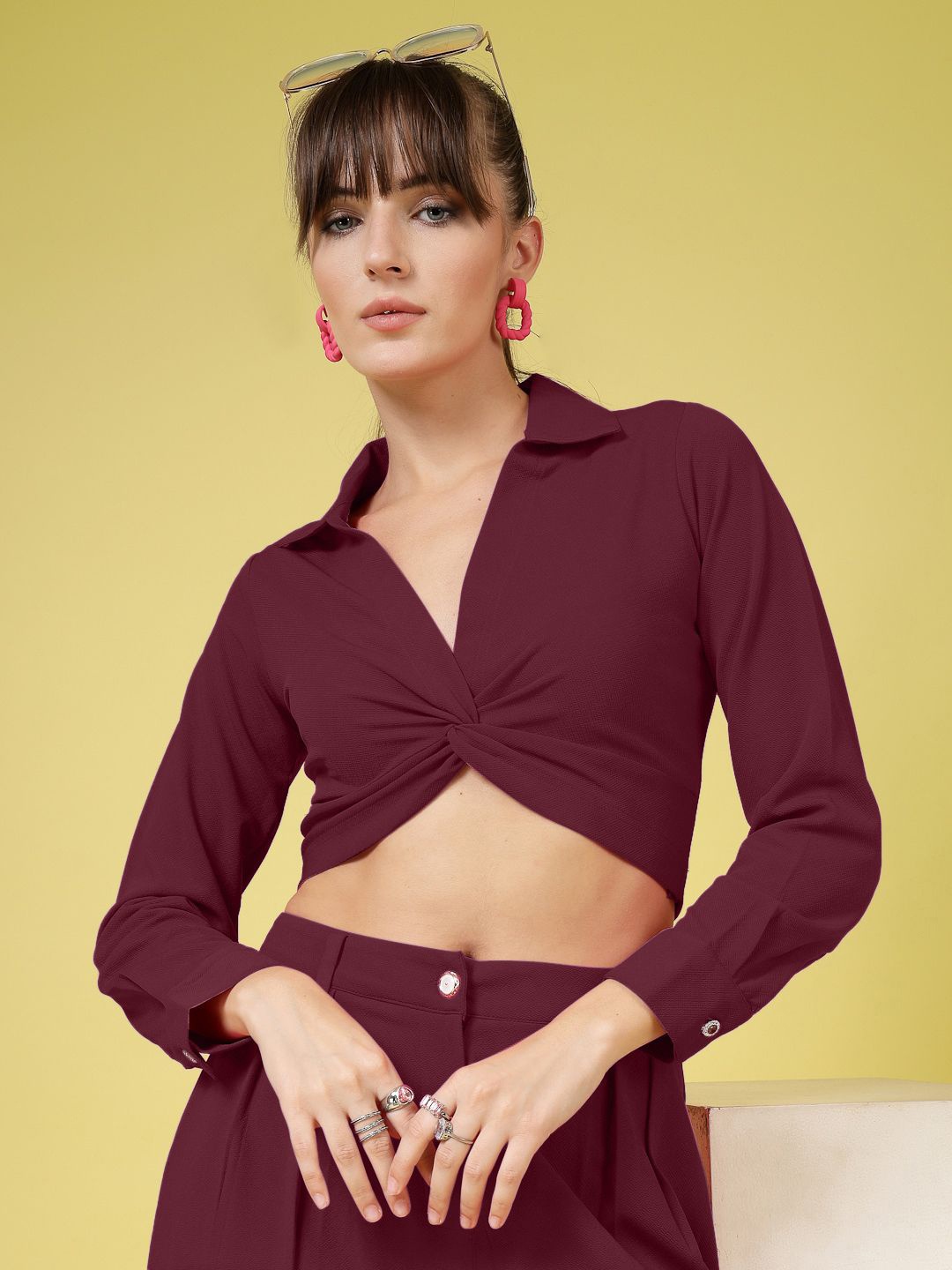 

DressBerry Women Solid Shirt Collar Wrap Crop Top, Maroon