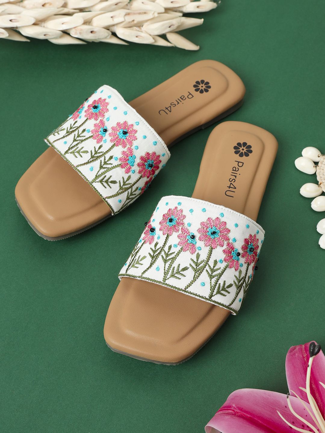 

Pairs4U Women Embroidered Open Toe Flats, White