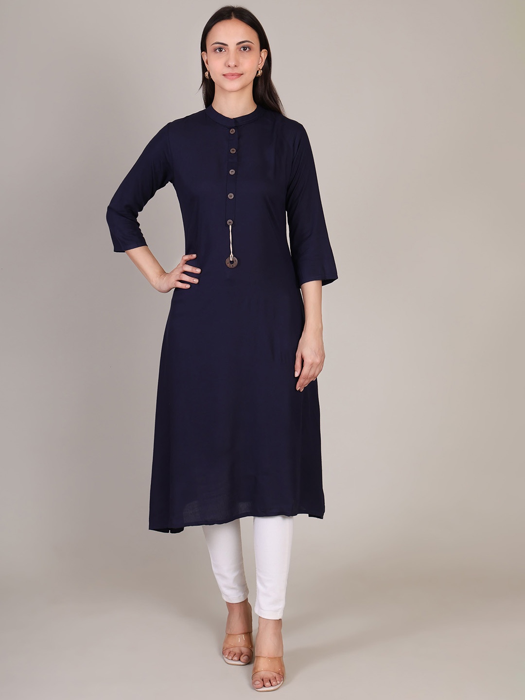 

DELIS Mandarin Collar Linen A-Line Kurta, Navy blue