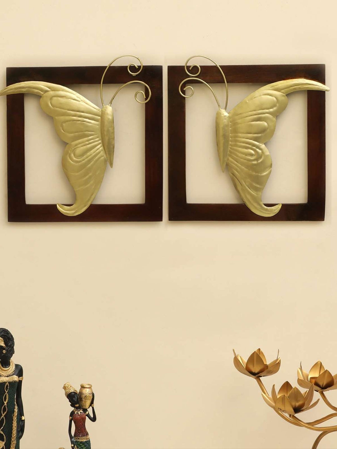

vedas Mystical India Brown 2 Pieces W-Arya Left Right Butterfly Wooden & Metal Wall Decors