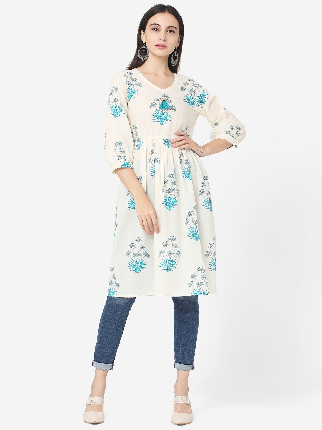 

Fourleaf Floral Printed Cotton A-Line Kurta, Off white