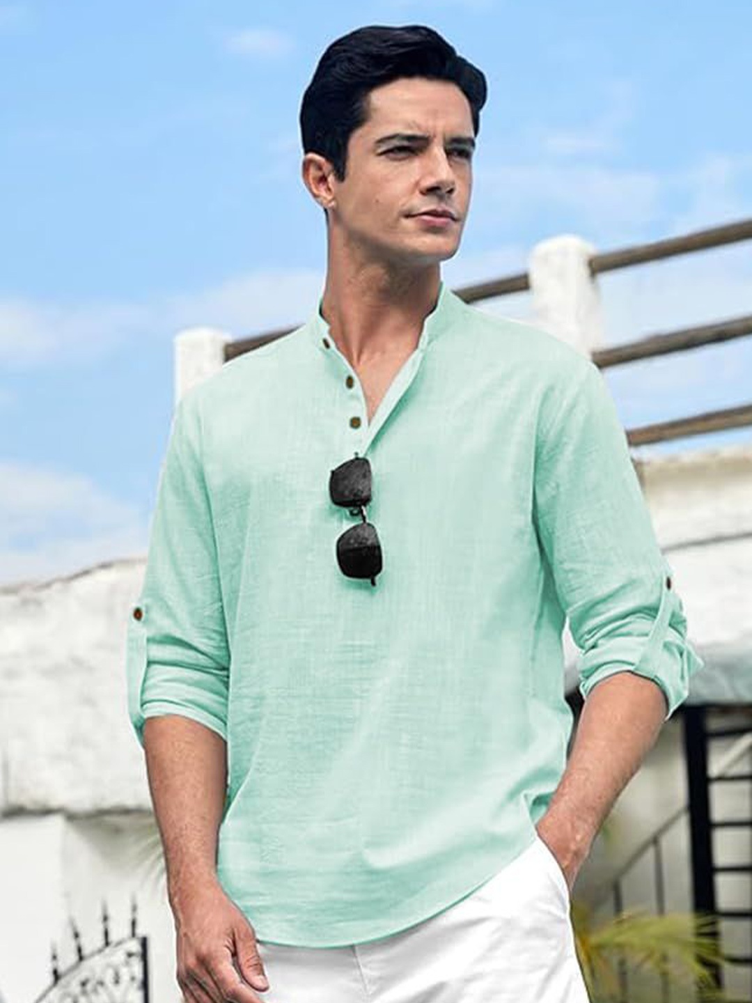

EdinWolf Men India Slim Fit Mandarin Collar Solid Cotton Casual Shirt, Green