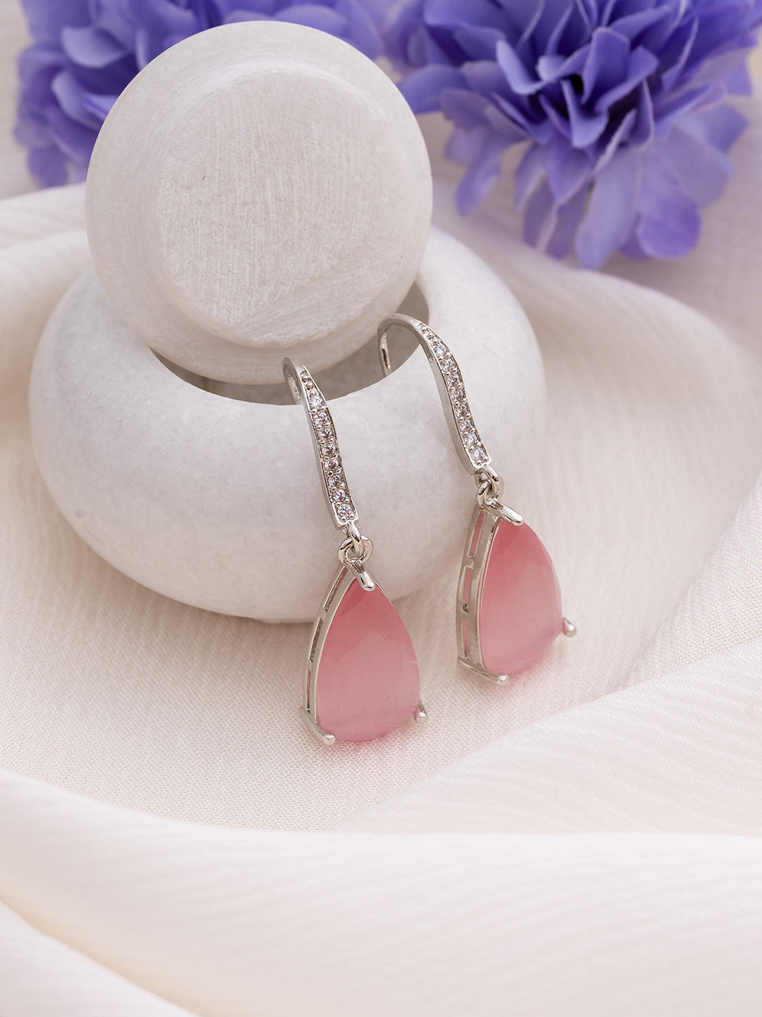 

Manikya Rhodium-Plated American Diamond Studded Teardrop Shaped Drop Earrings, Silver