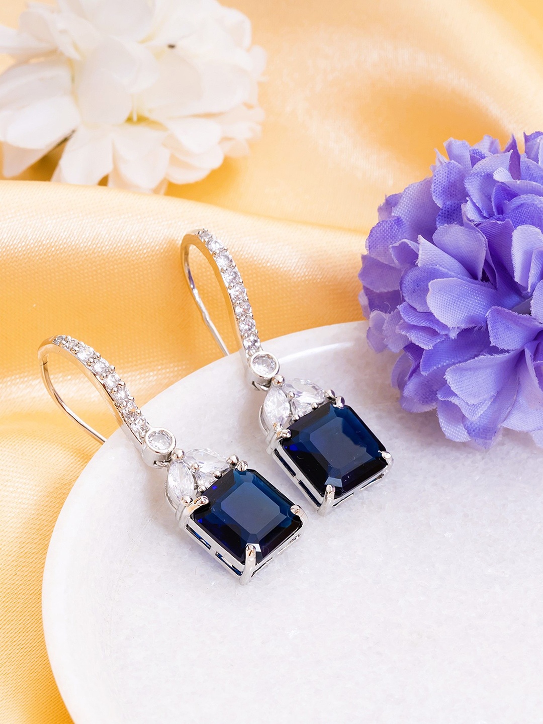 

Manikya Rhodium-Plated American Diamond Studded Square Shaped Drop Earrings, Silver