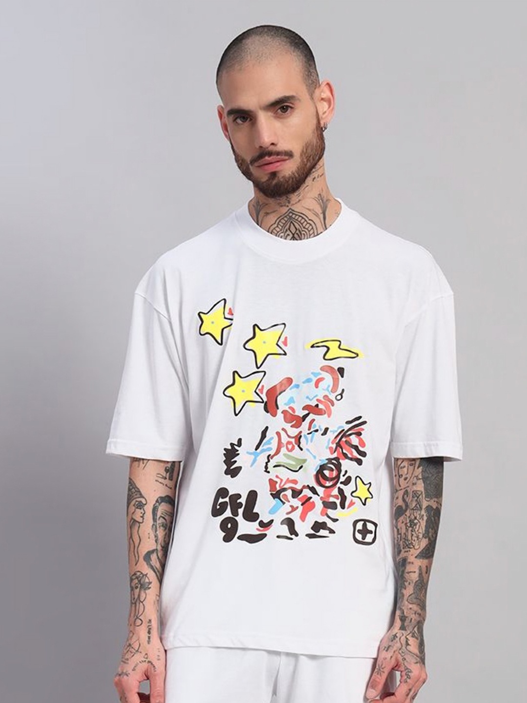 

GRIFFEL Men Printed Drop-Shoulder Sleeves Ultralite T-shirt, White