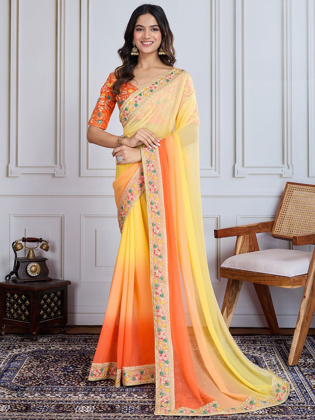 

House of Pataudi Ombre Embroidered Saree, Yellow