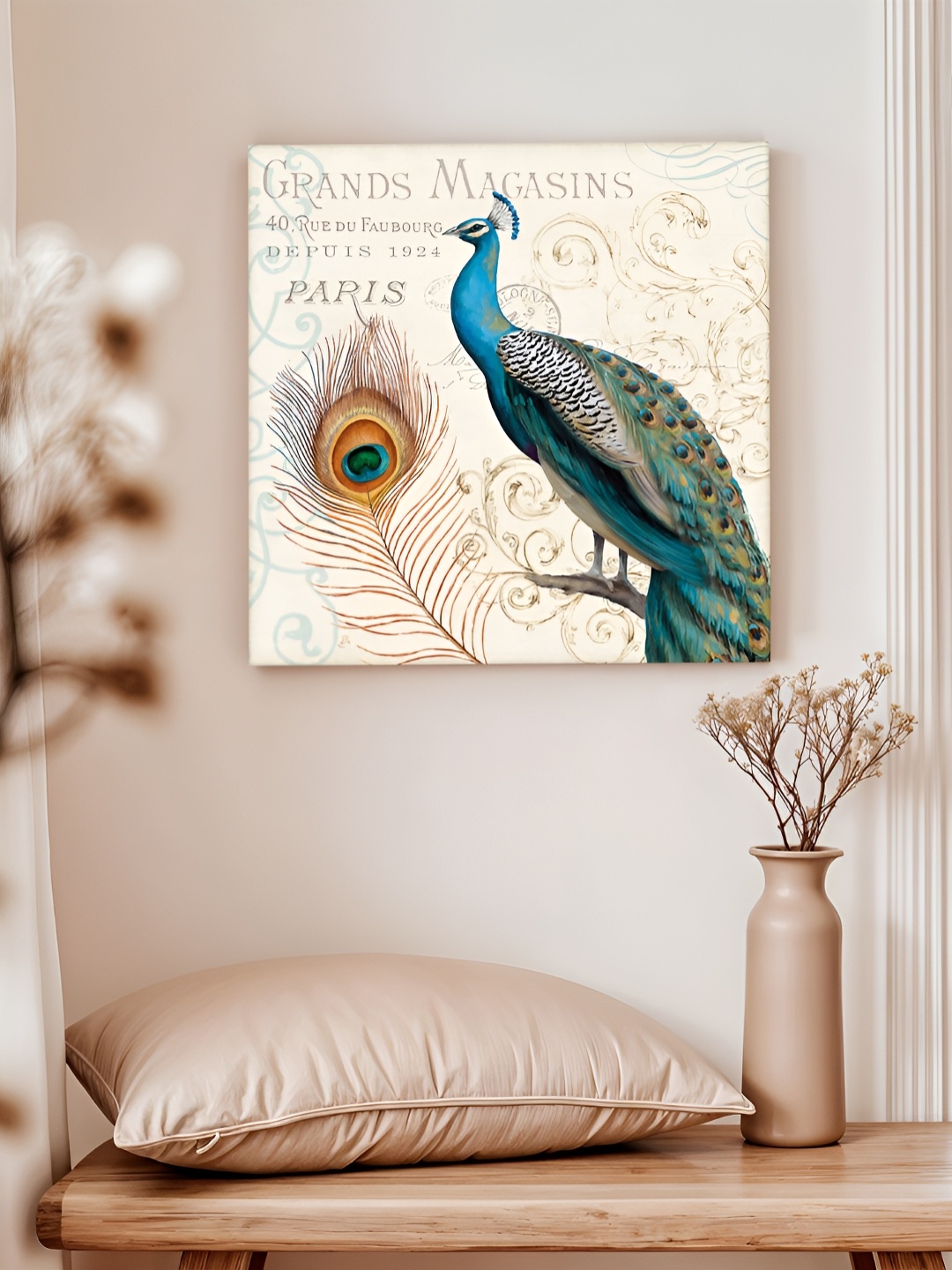 

Art Street Cream & Green Peacock Printed Canvas Wall Art