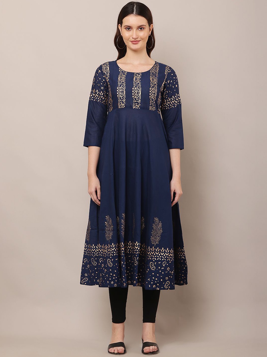 

DEGE Floral Printed Pleated Round Neck Pure Cotton Anarkali Kurta, Navy blue