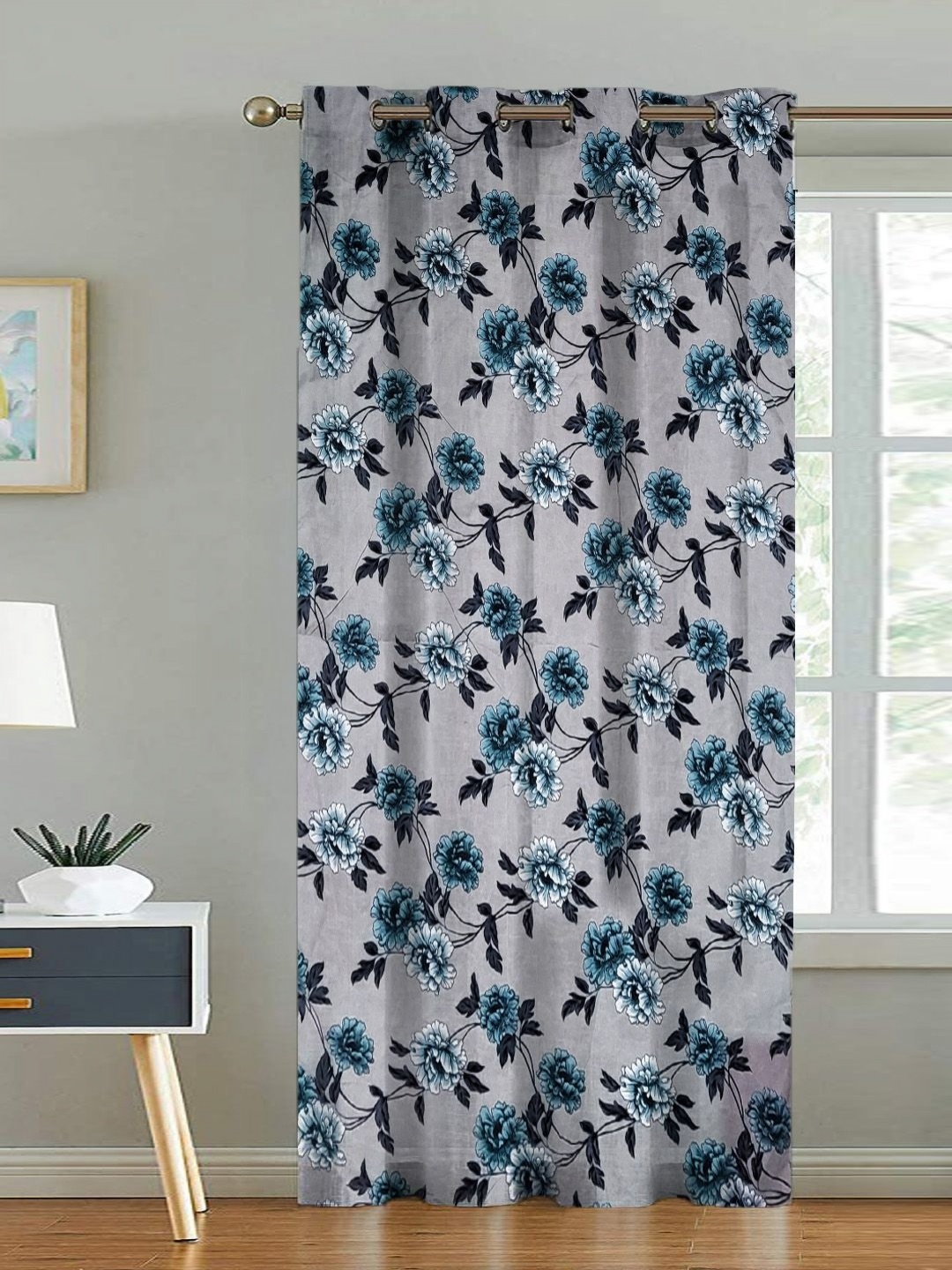 

ANA White & Blue Floral Printed Room Darkening Cotton Door Curtain