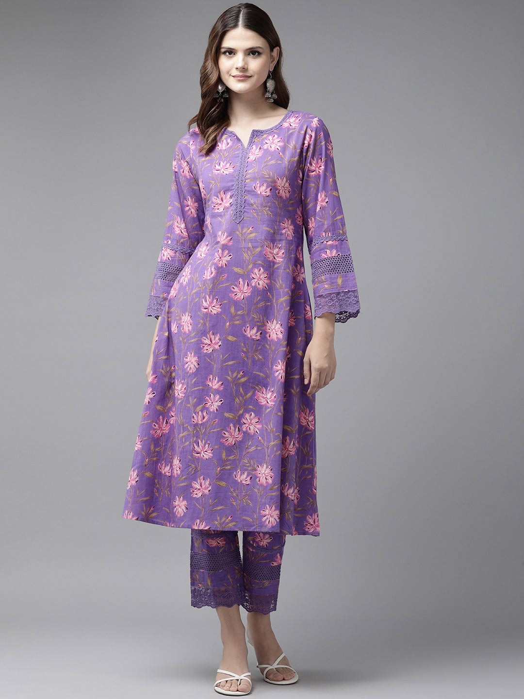 

MissKurti Floral Printed Pure Cotton Notch Neck Tunic With Trousers, Purple
