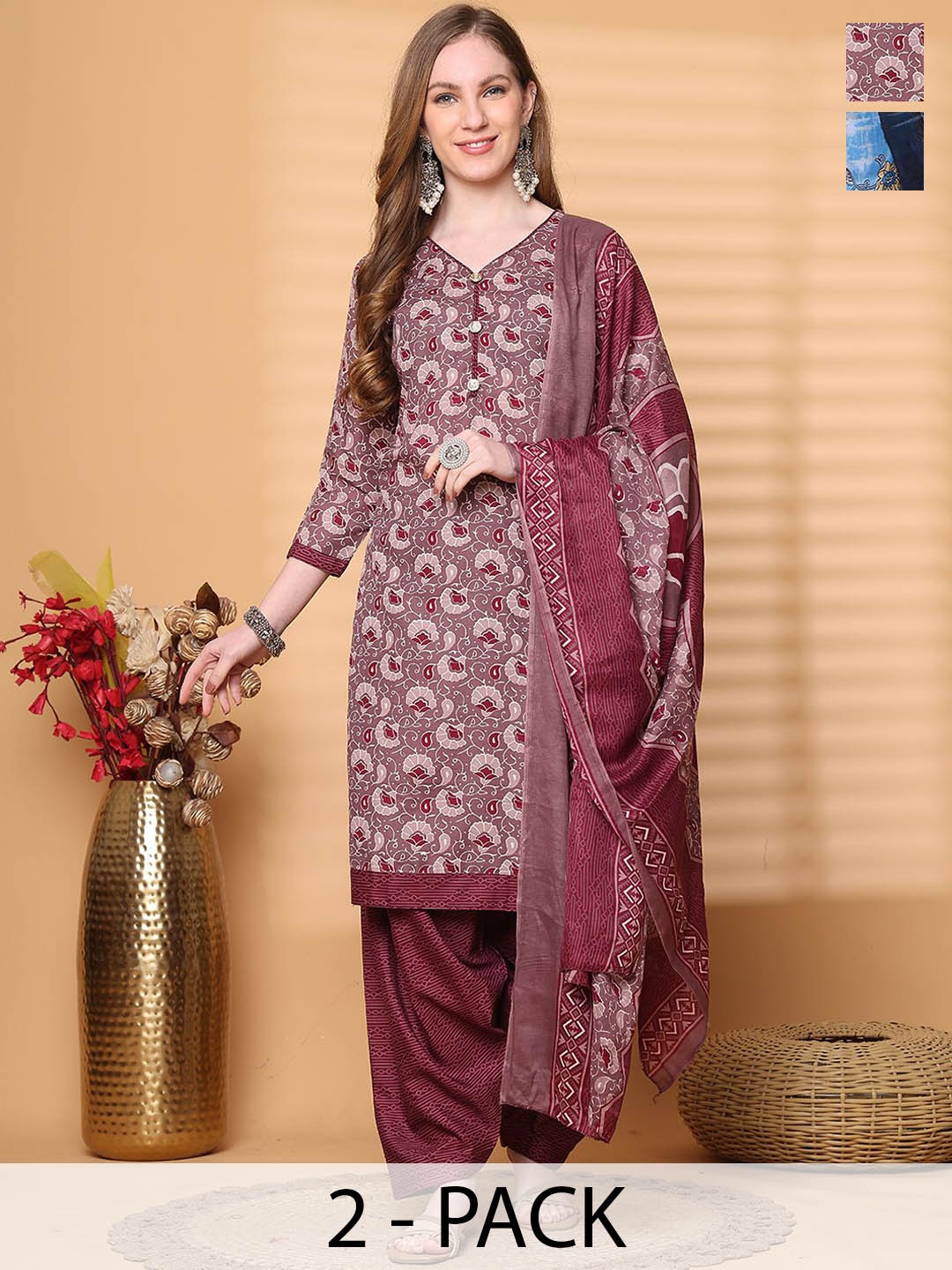 

Merira Selection Of 2 Floral Printed V-Neck Straight Kurta With Salwar & Dupatta, Maroon