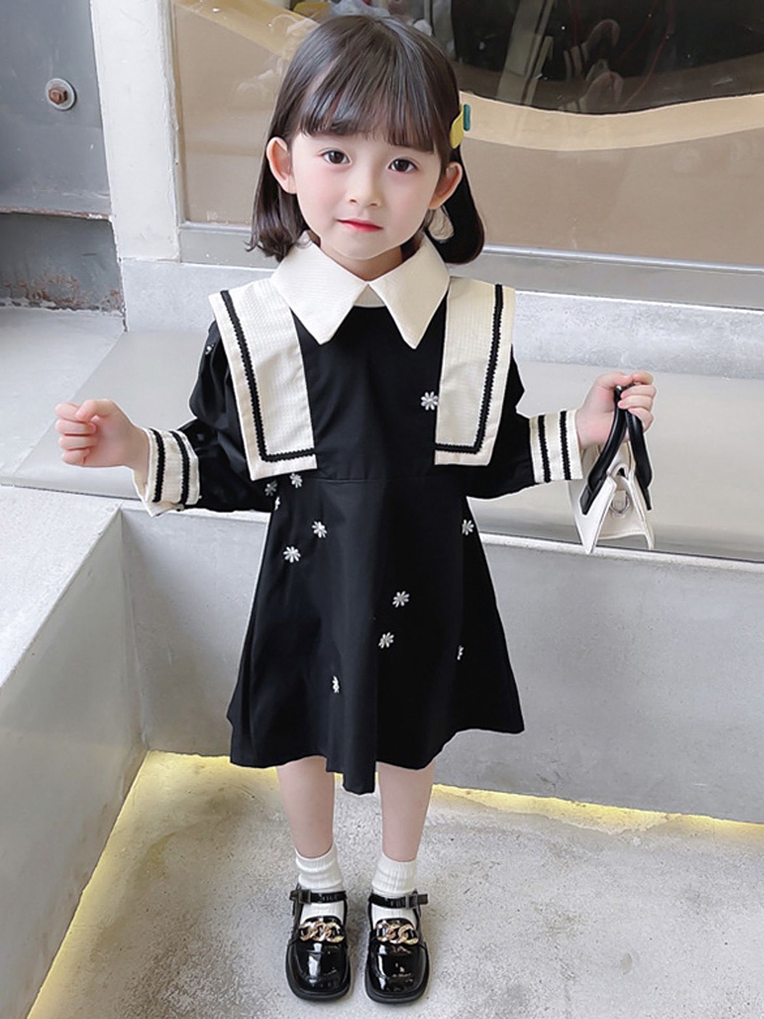 

Lulu & Sky Girls Floral Embroidered Shirt Collar Fit & Flare Dress, Black