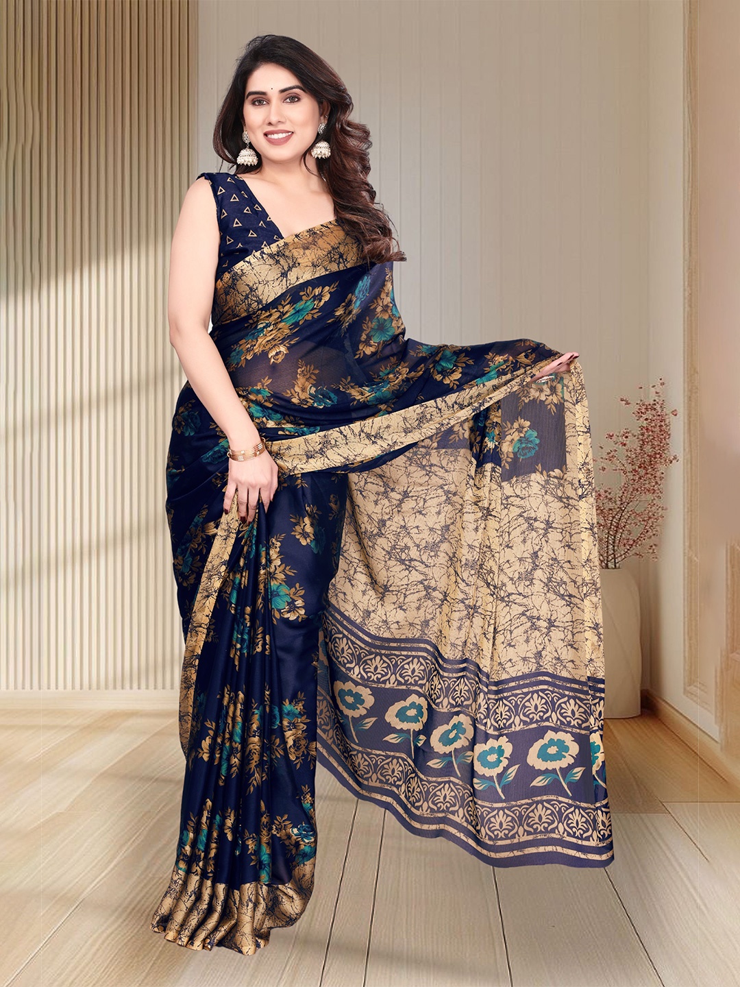 

SUPERLAXMI Floral Pure Chiffon Saree, Navy blue