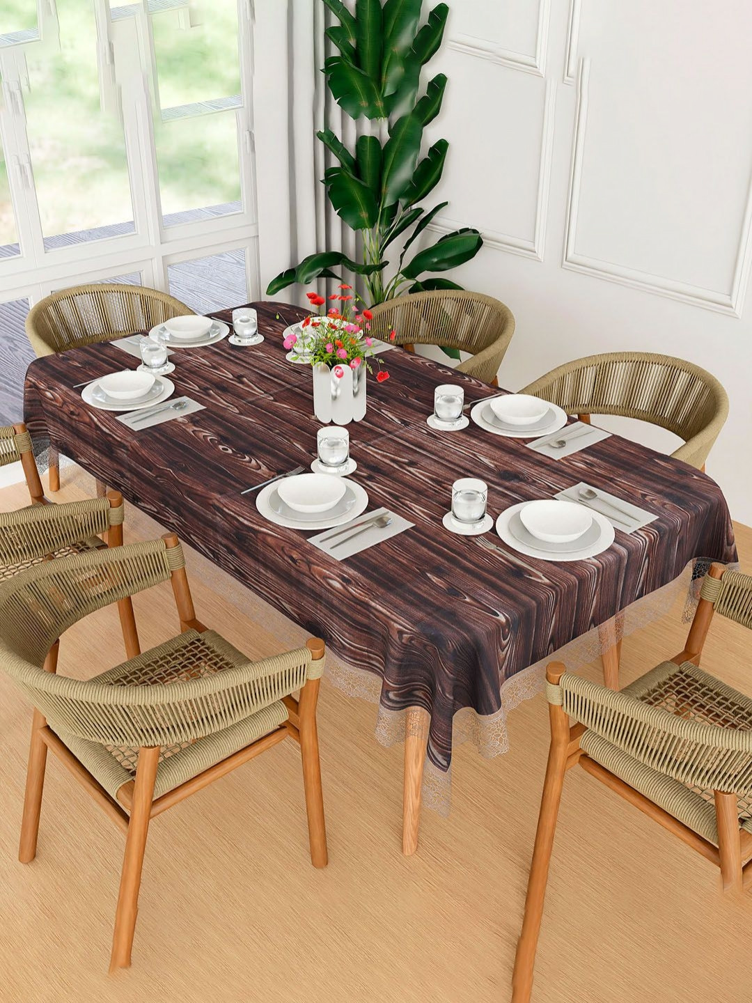 

Myntra Elegant Homes Brown Printed Waterproof 6-Seater 1.52 m x 2.3 m PVC Table Cover