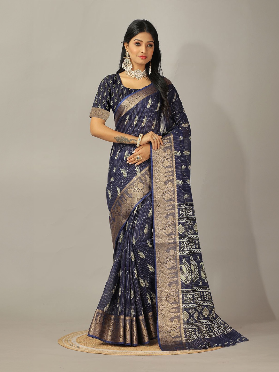 

VIRENDRA TEXTILES Woven Design Zari Pure Cotton Saree, Navy blue