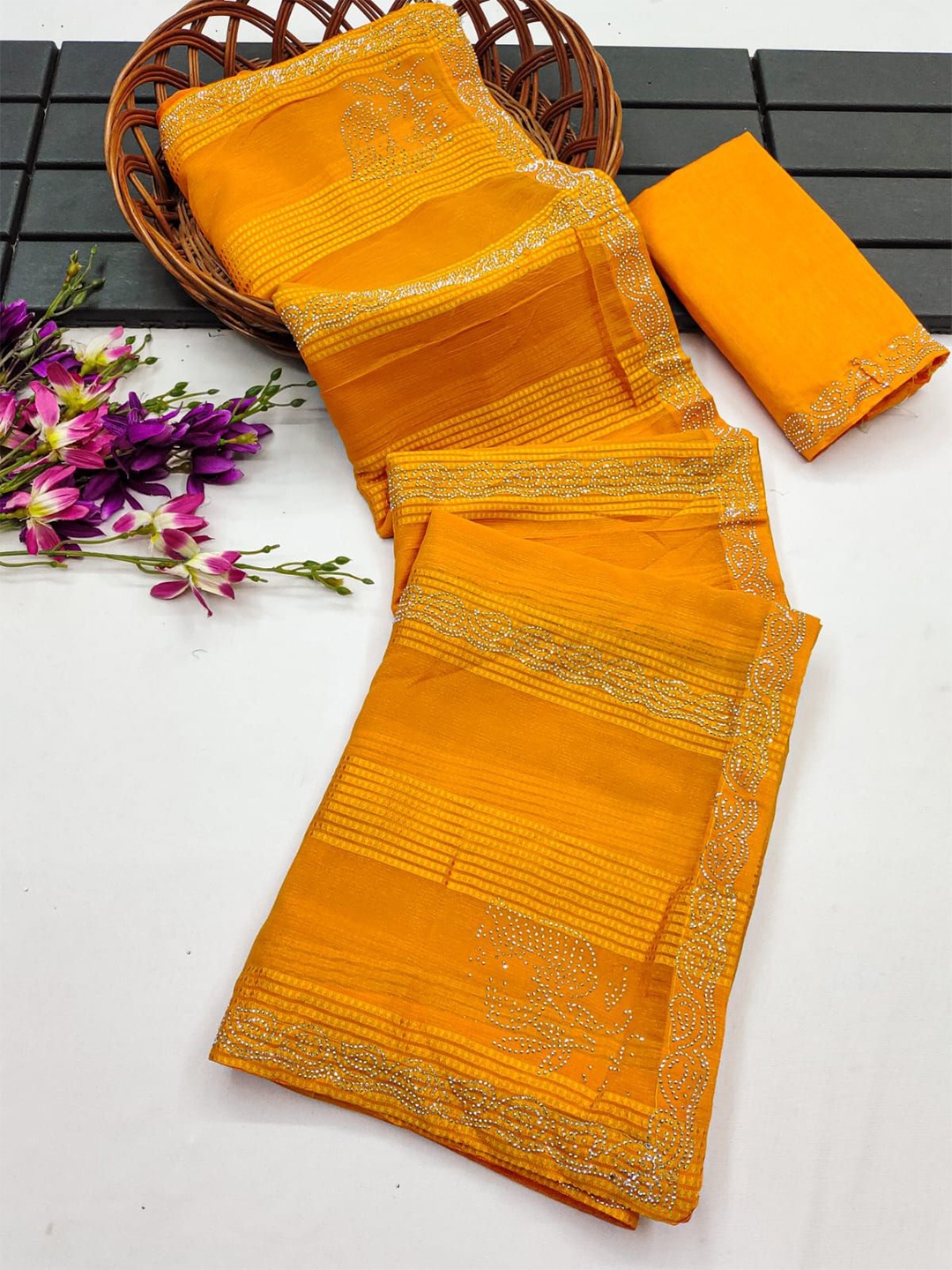 

KEERAT FASHION Embellished Beads and Stones Saree, Orange