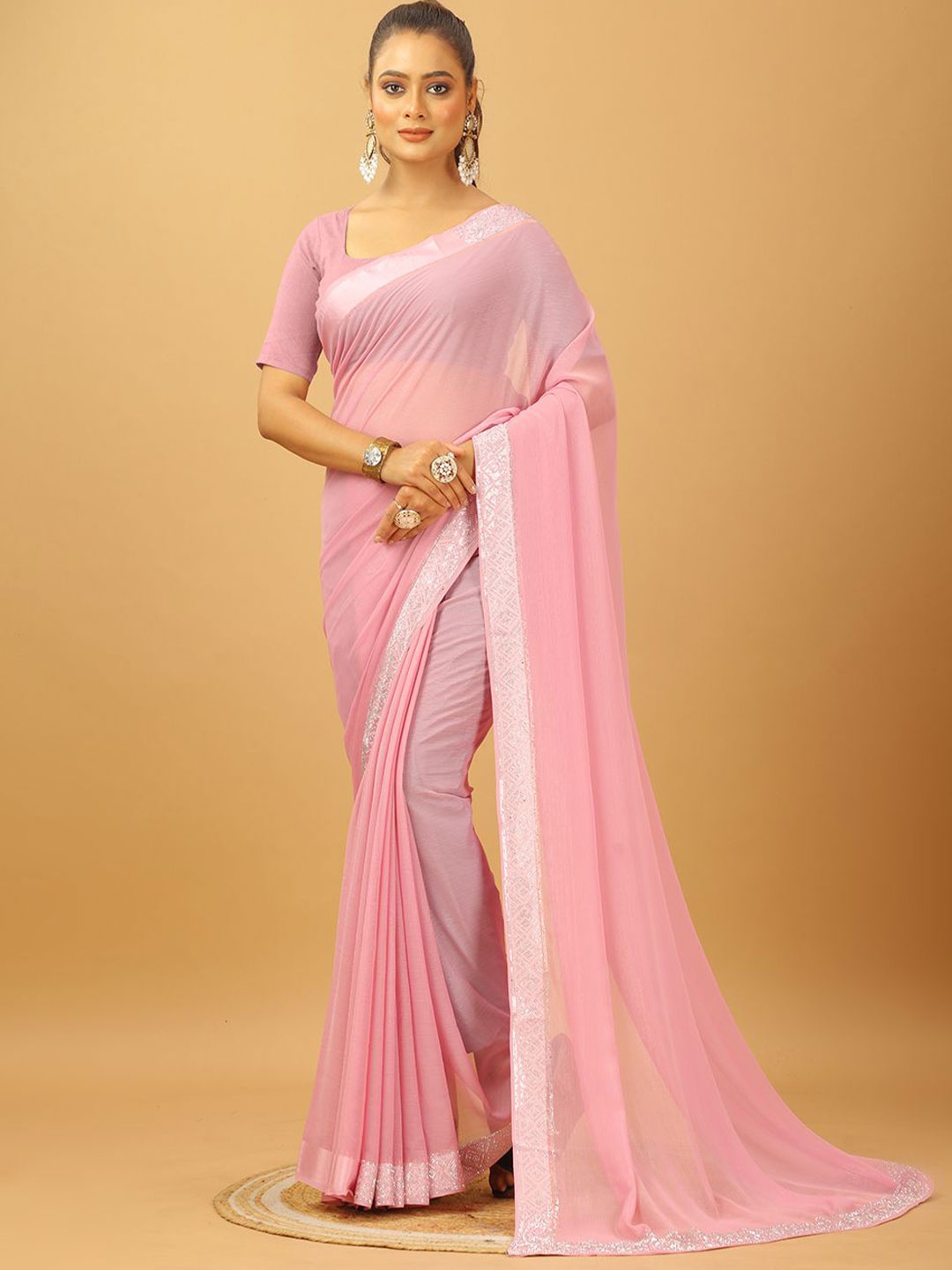 

VIRENDRA TEXTILES Beads and Stones Pure Chiffon Saree, Pink