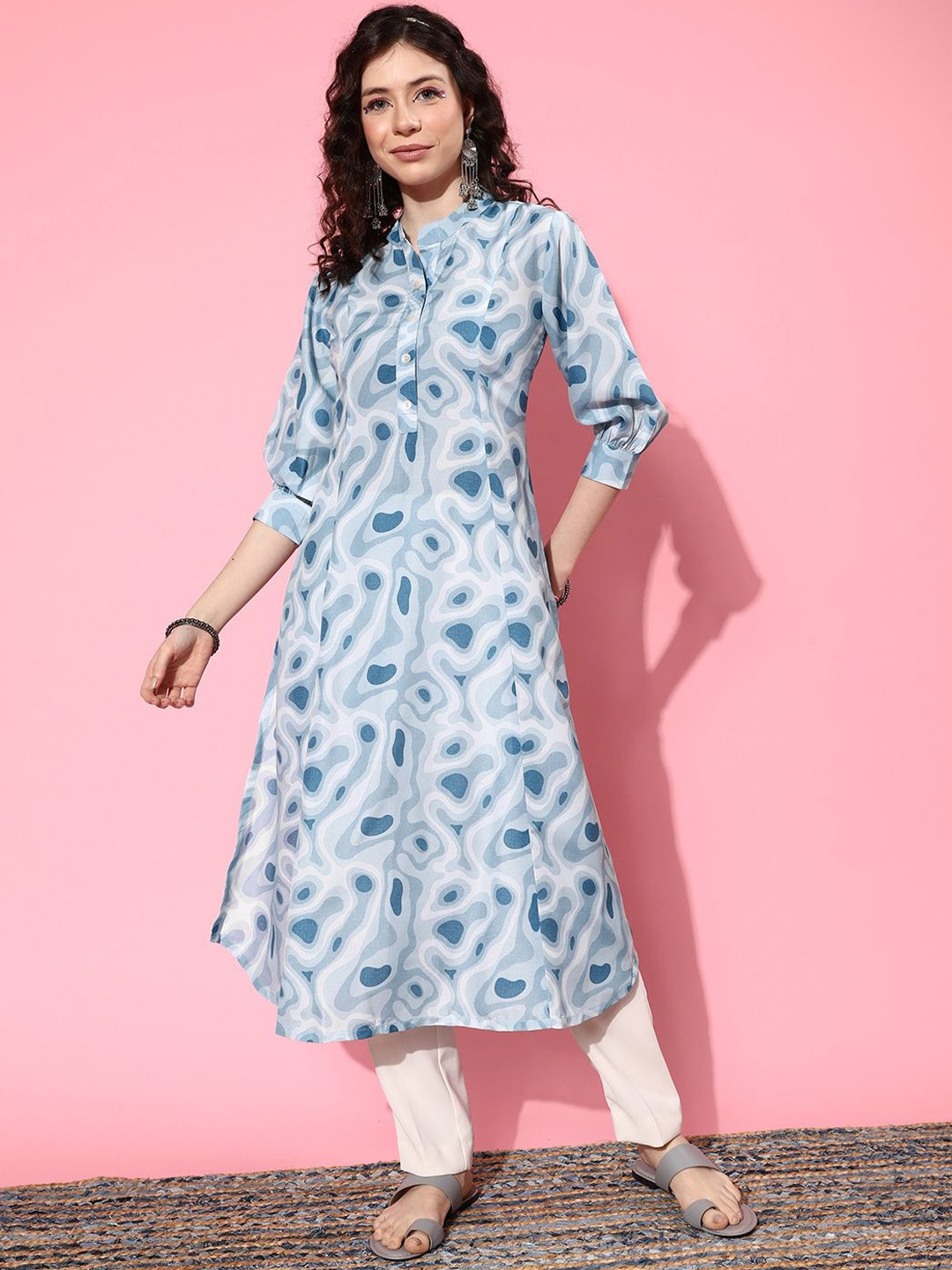 

DIVASTRI Abstract Printed Mandarin Collar A-Line Kurta, Blue