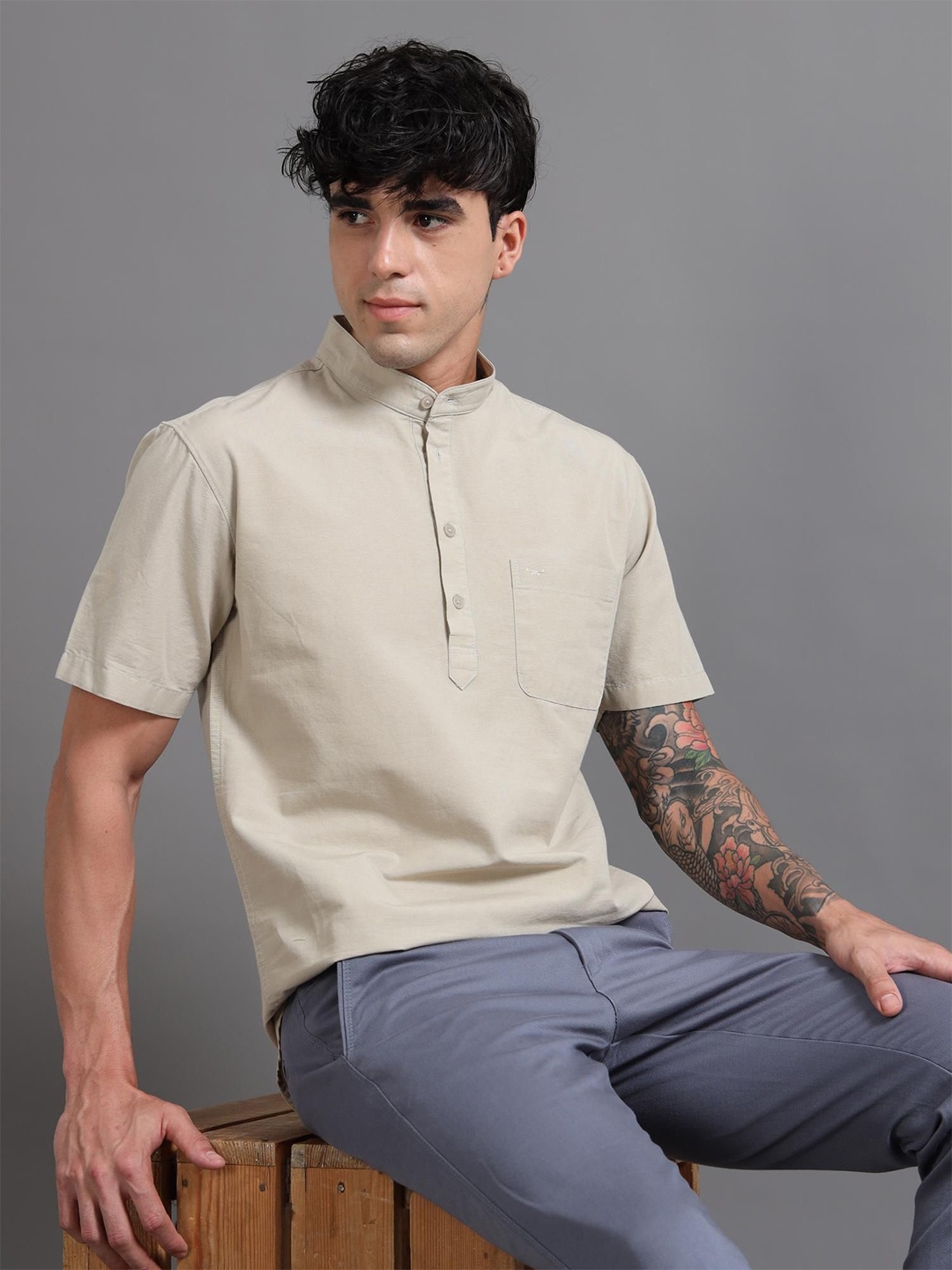 

RIGS AND RAGS Men Classic Fit Mandarin Collar Solid Linen Casual Shirt, Beige