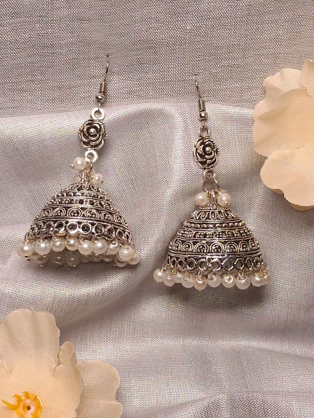 

HOPMEE Silver-Plated Pearls Beaded Dome Shaped Oxidised Jhumkas
