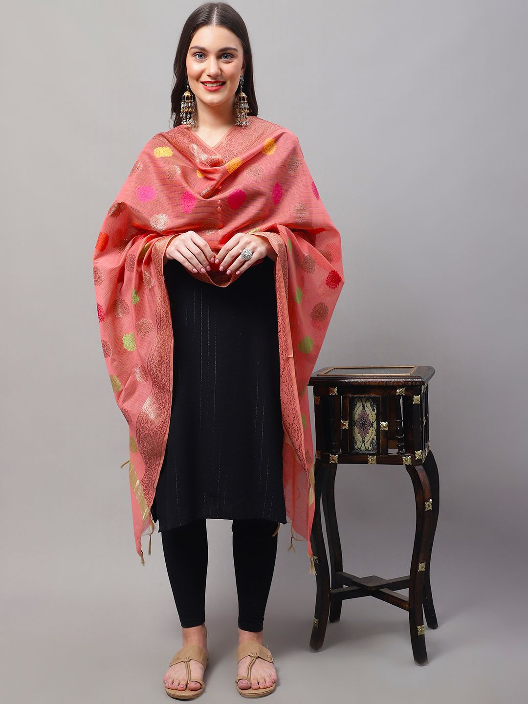 

LOOM LEGACY Ethnic Motifs Woven Design Cotton Silk Dupatta, Orange