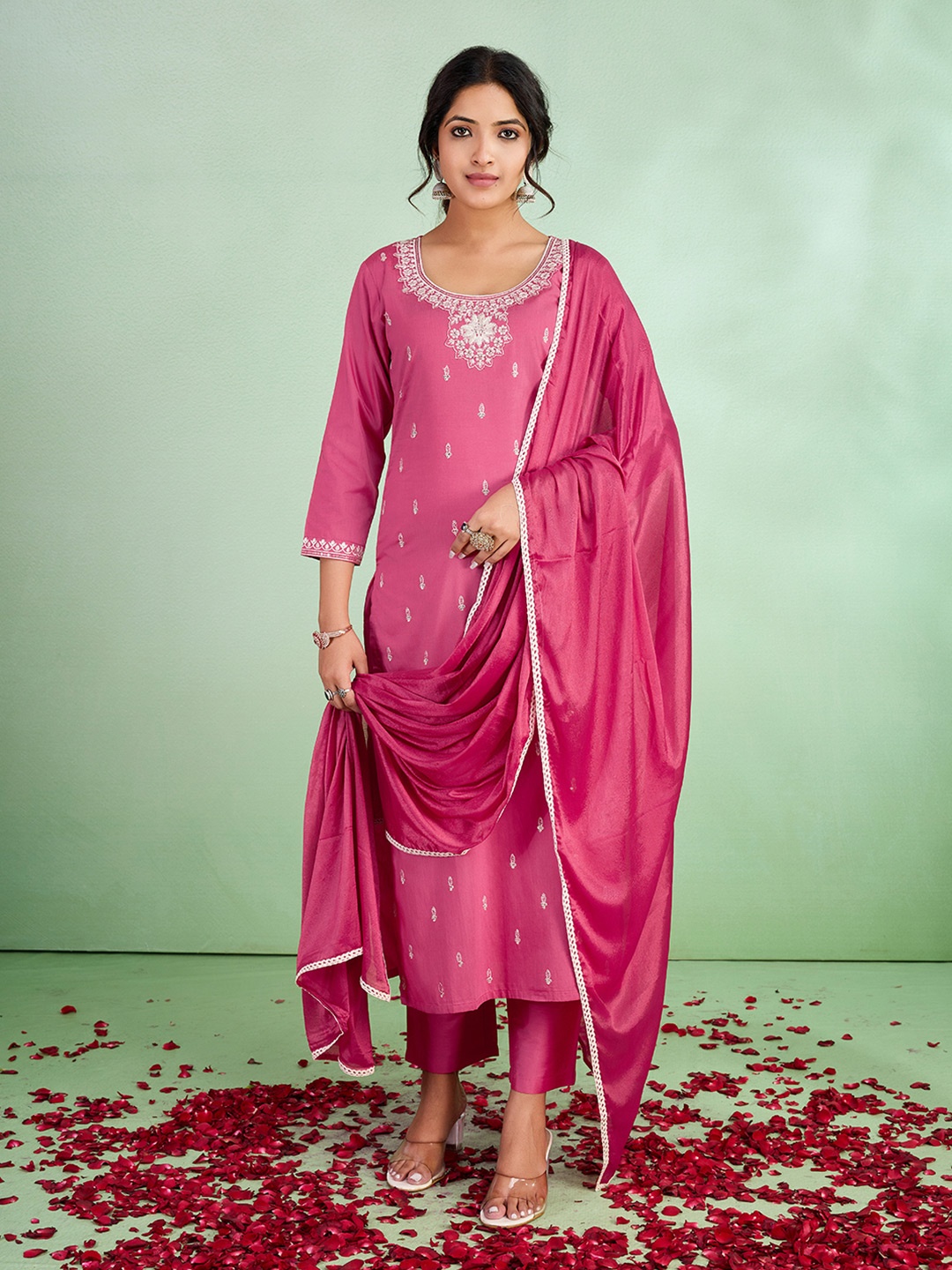 

SUAAC Floral Embroidered Thread Work Straight Kurta With Trousers & Dupatta, Pink
