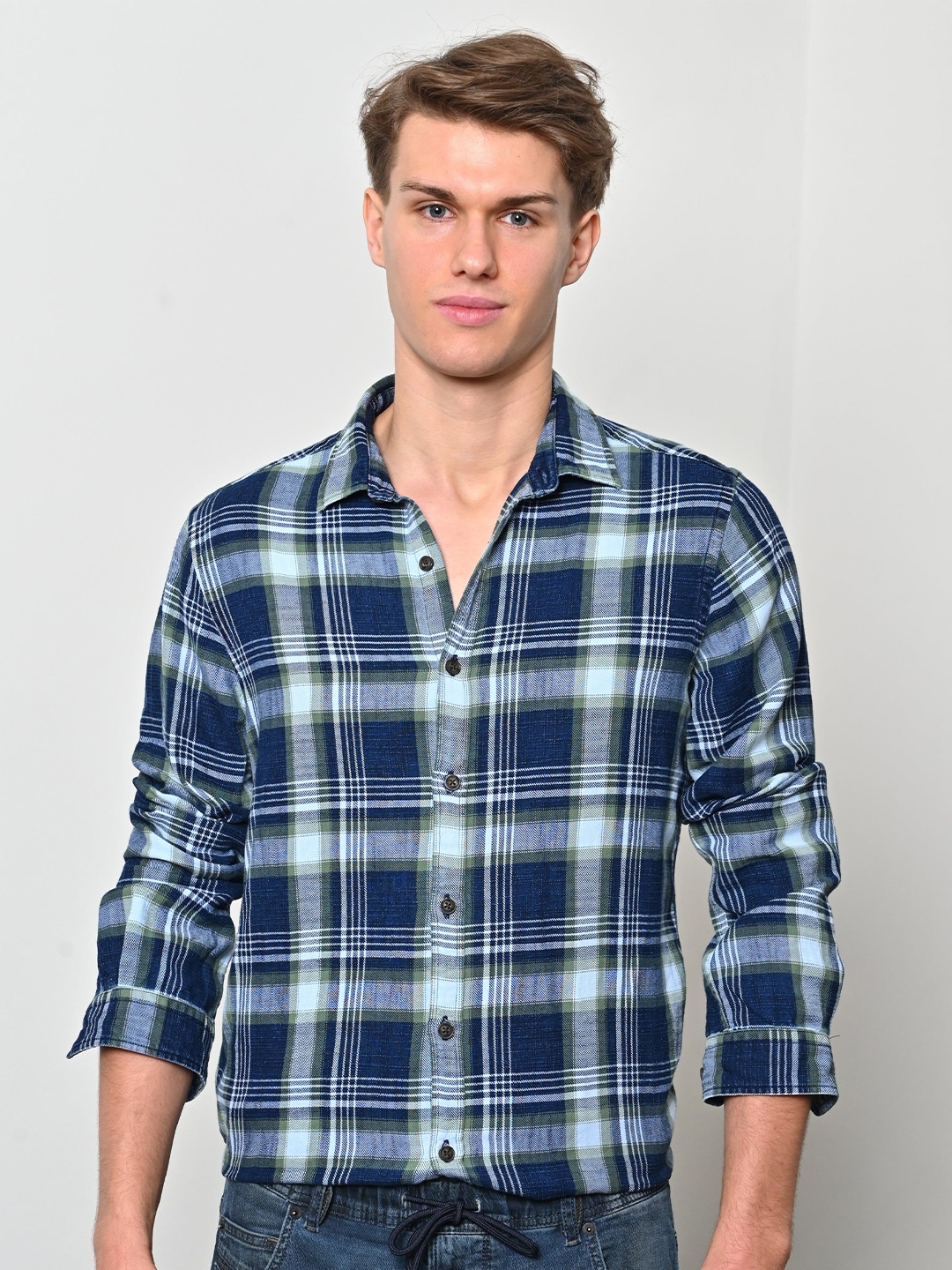 

POE Men Slim Fit Spread Collar Tartan Checked Cotton Casual Shirt, Blue