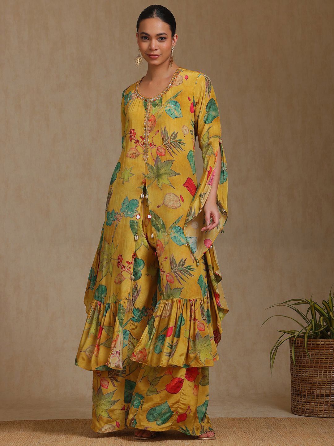 

Soch Floral Printed Beads And Stones A-Line Kurta With Palazzos, Mustard