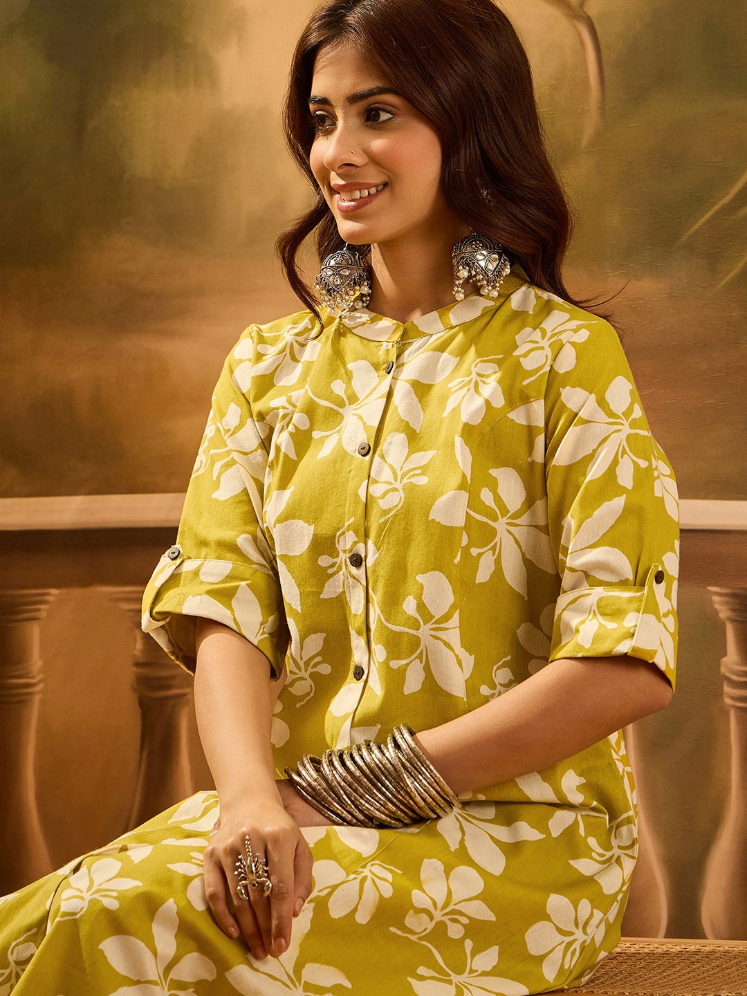 

Sangria Floral Printed Mandarin Collar Pure Cotton A-Line Kurta, Mustard