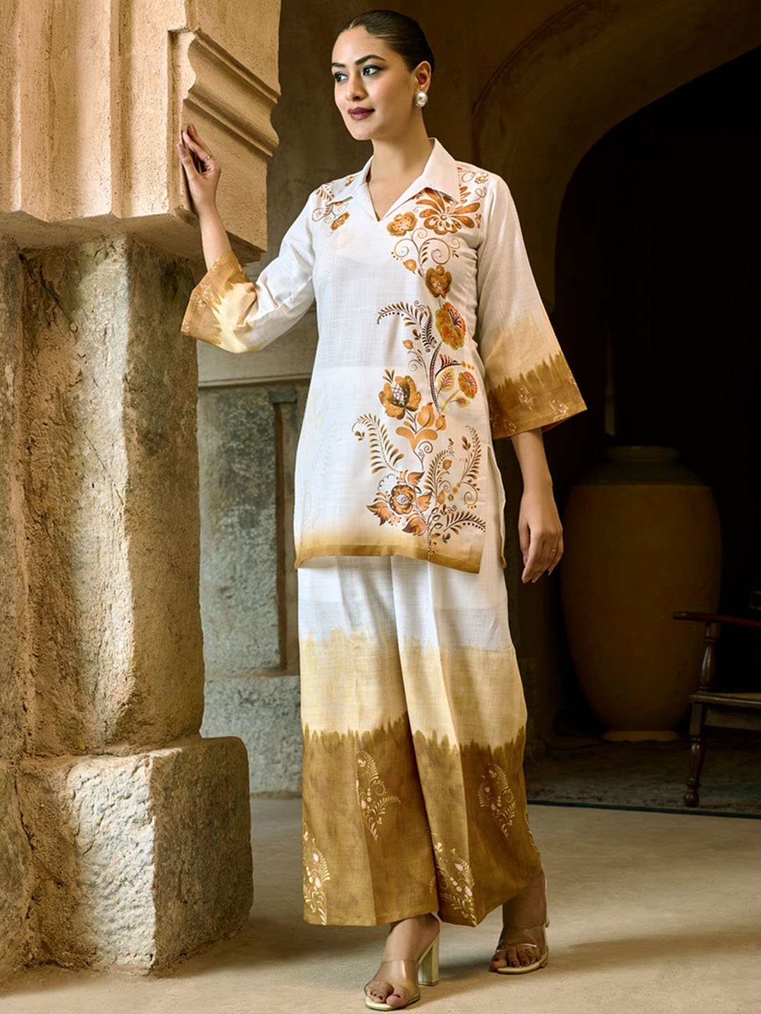 

WOMEN PLUS Safar Spring Summer 2025 Digitally Printed Cotton Linen Co-Ord Set, Gold