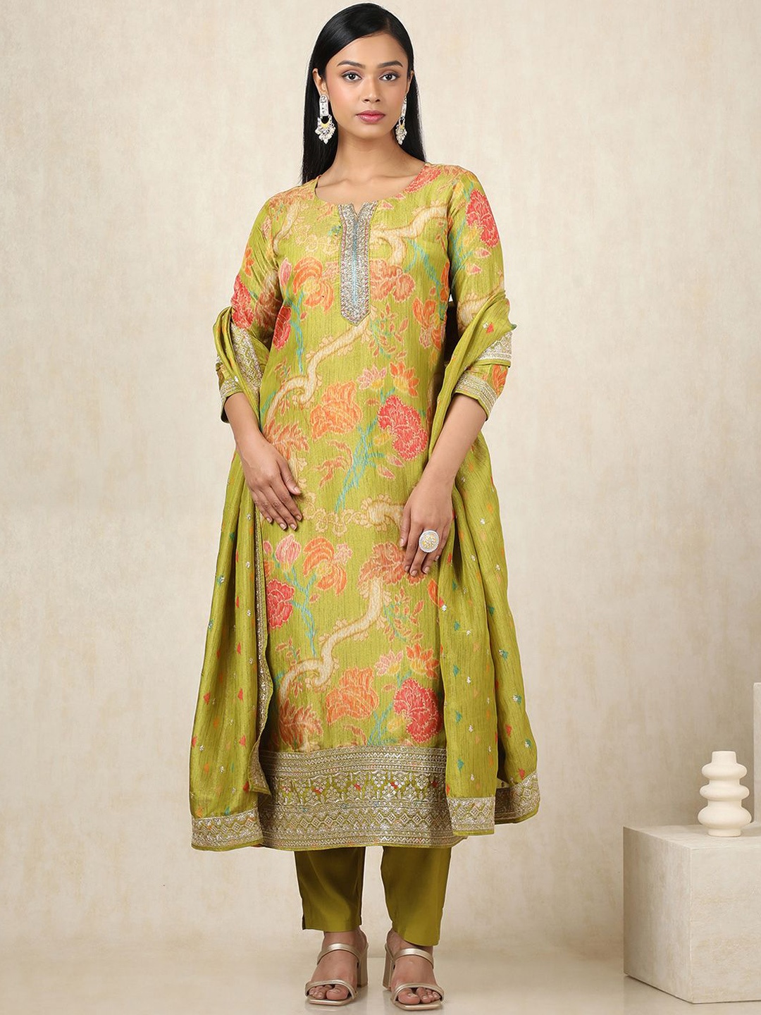 

Soch Ethnic Motifs Printed Thread Work Tissue Straight Kurta With Trousers And Dupatta, Olive