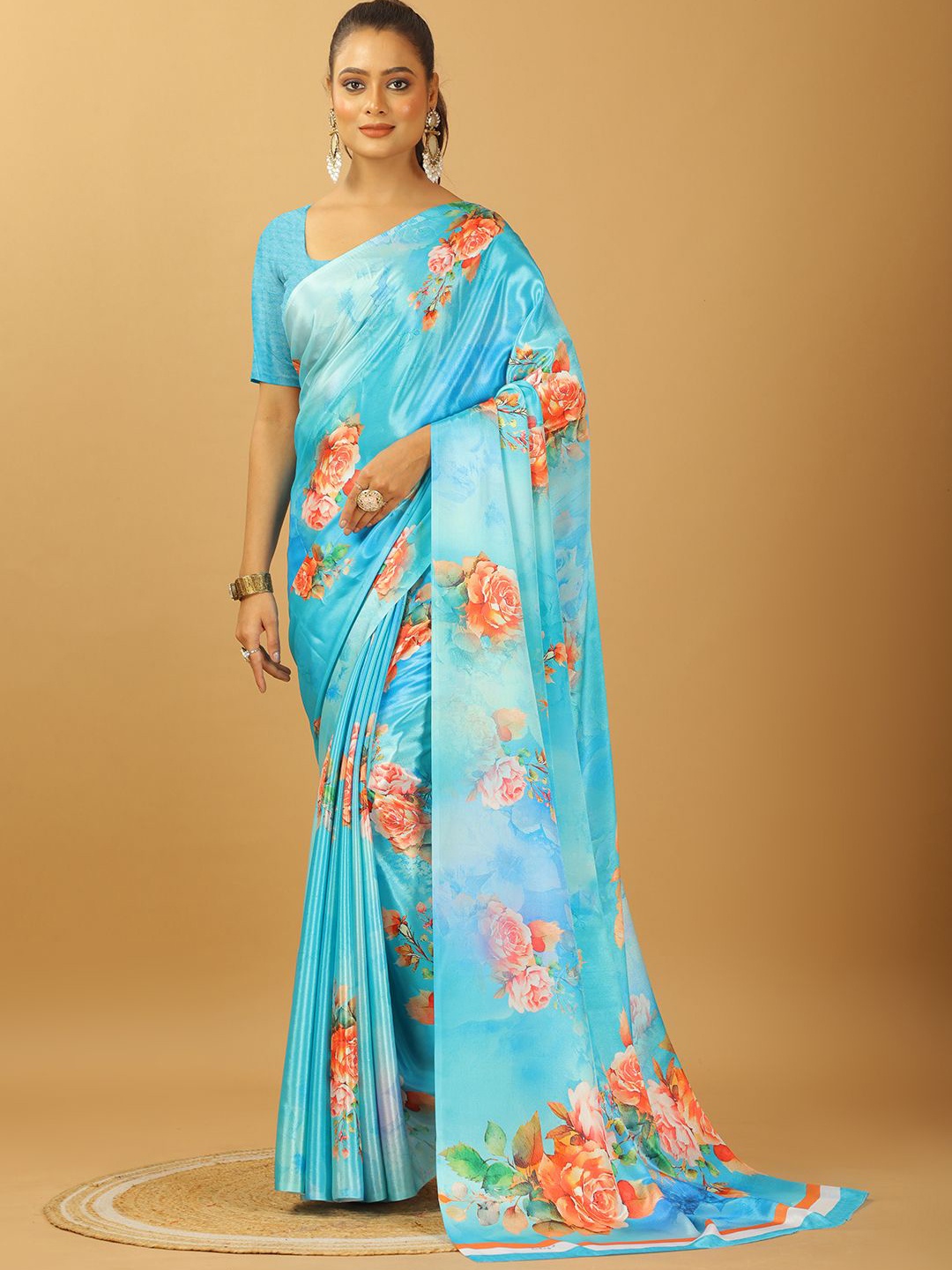 

VIRENDRA TEXTILES Floral Printed Pure Crepe Saree, Blue