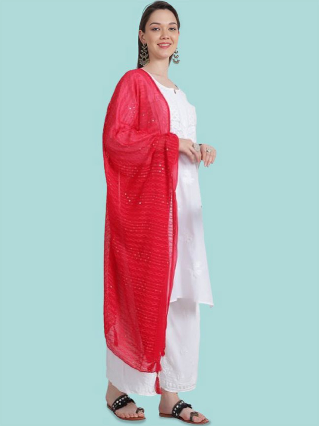 

LOOM LEGACY Embroidered Sequinned Chiffon Dupatta, Red