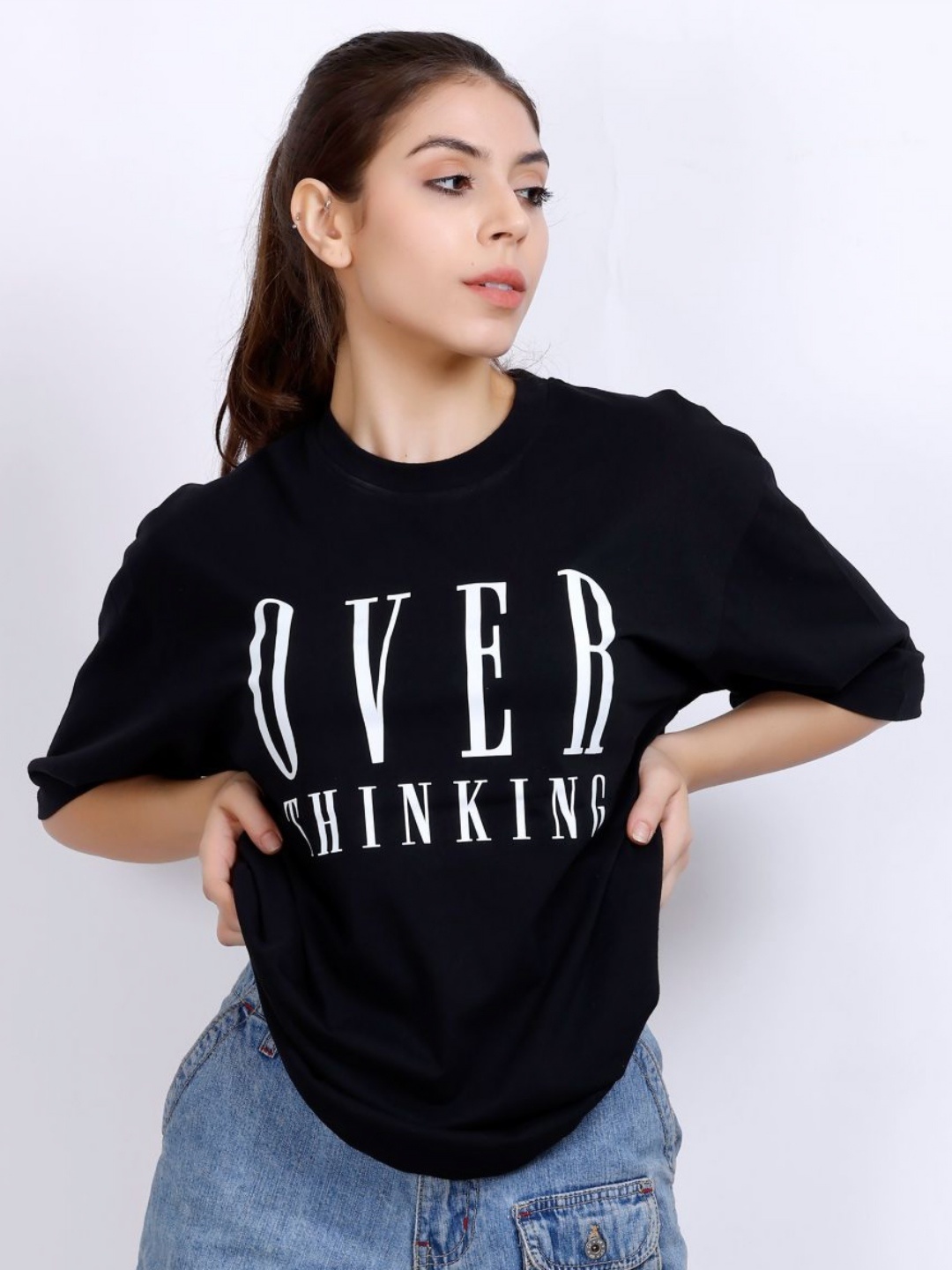 

MX Miazi Xchange Women Printed Monochrome Raw Edge T-shirt, Black