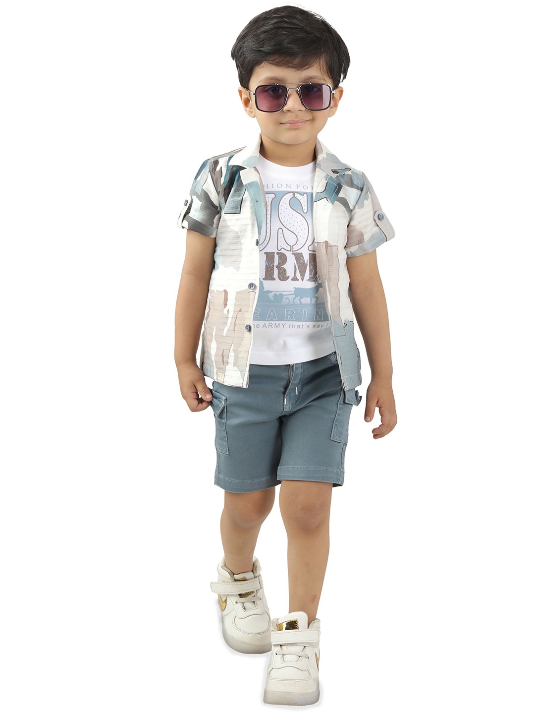 

DOTSON Boys Abstract Printed Round Neck T-shirt And Shirt With Shorts, Blue