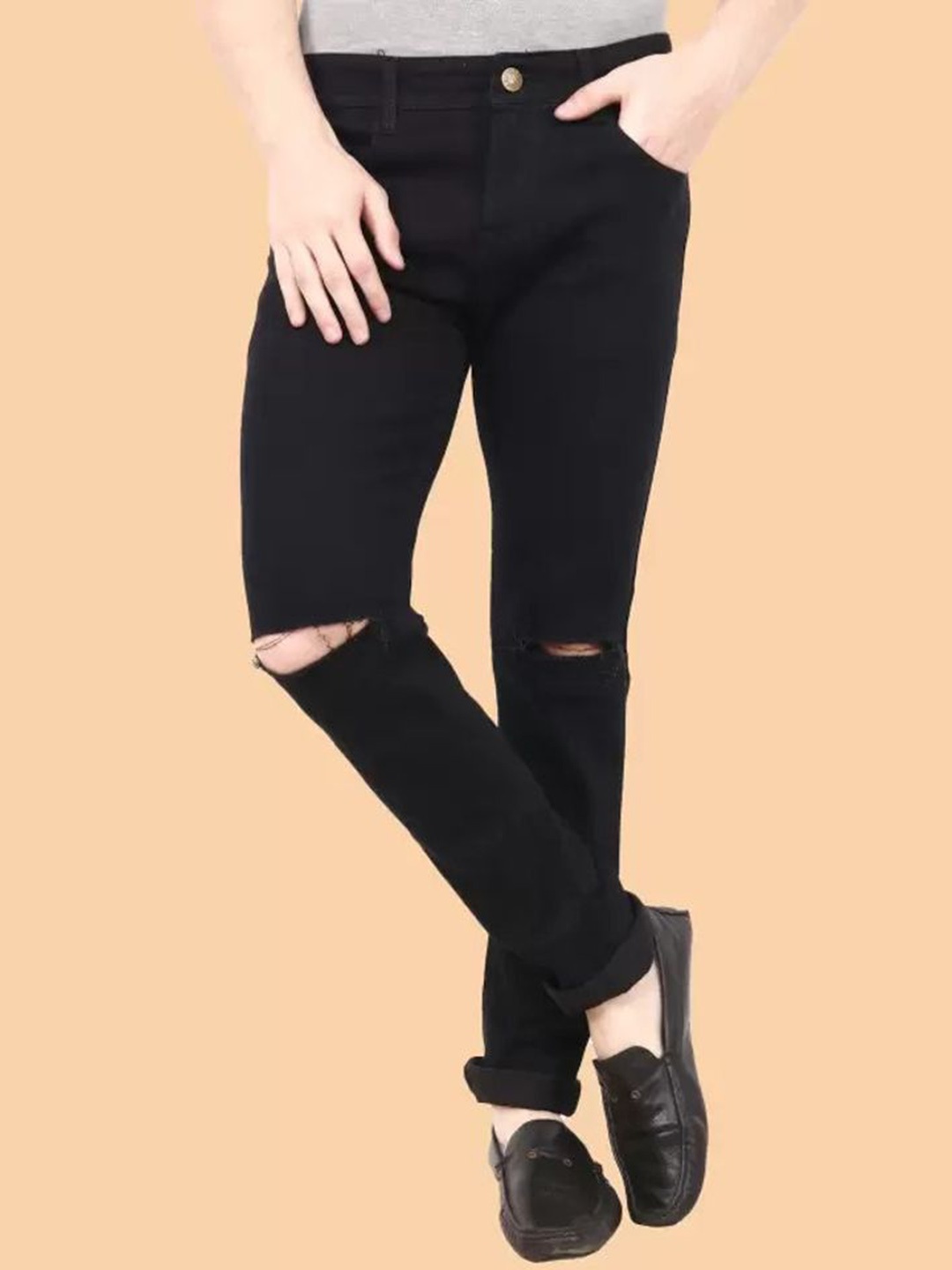 

LINARIA Men Classic Regular Fit Mid-Rise Slash Knee Jeans, Black