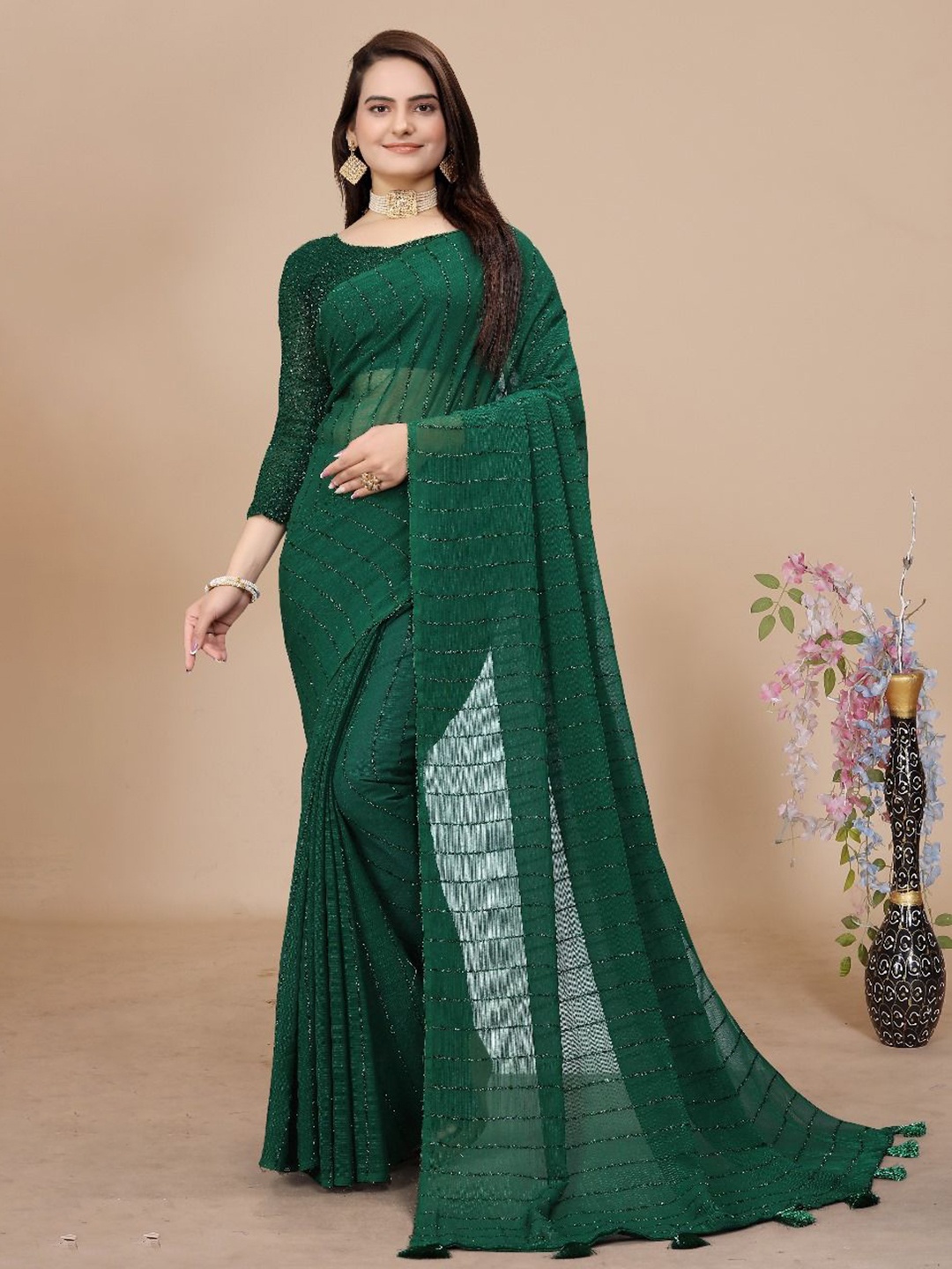 

SUNDREESAREE Embellished Sequence Saree, Green
