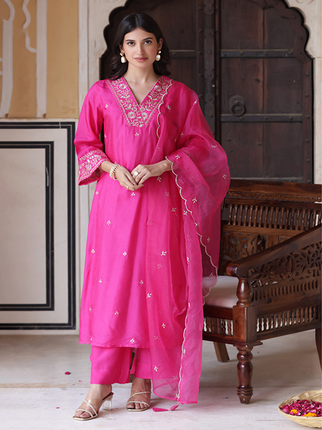 

KALINI Floral Embroidered Sequinned Chanderi Silk A-Line Kurta With Trousers & Dupatta, Pink