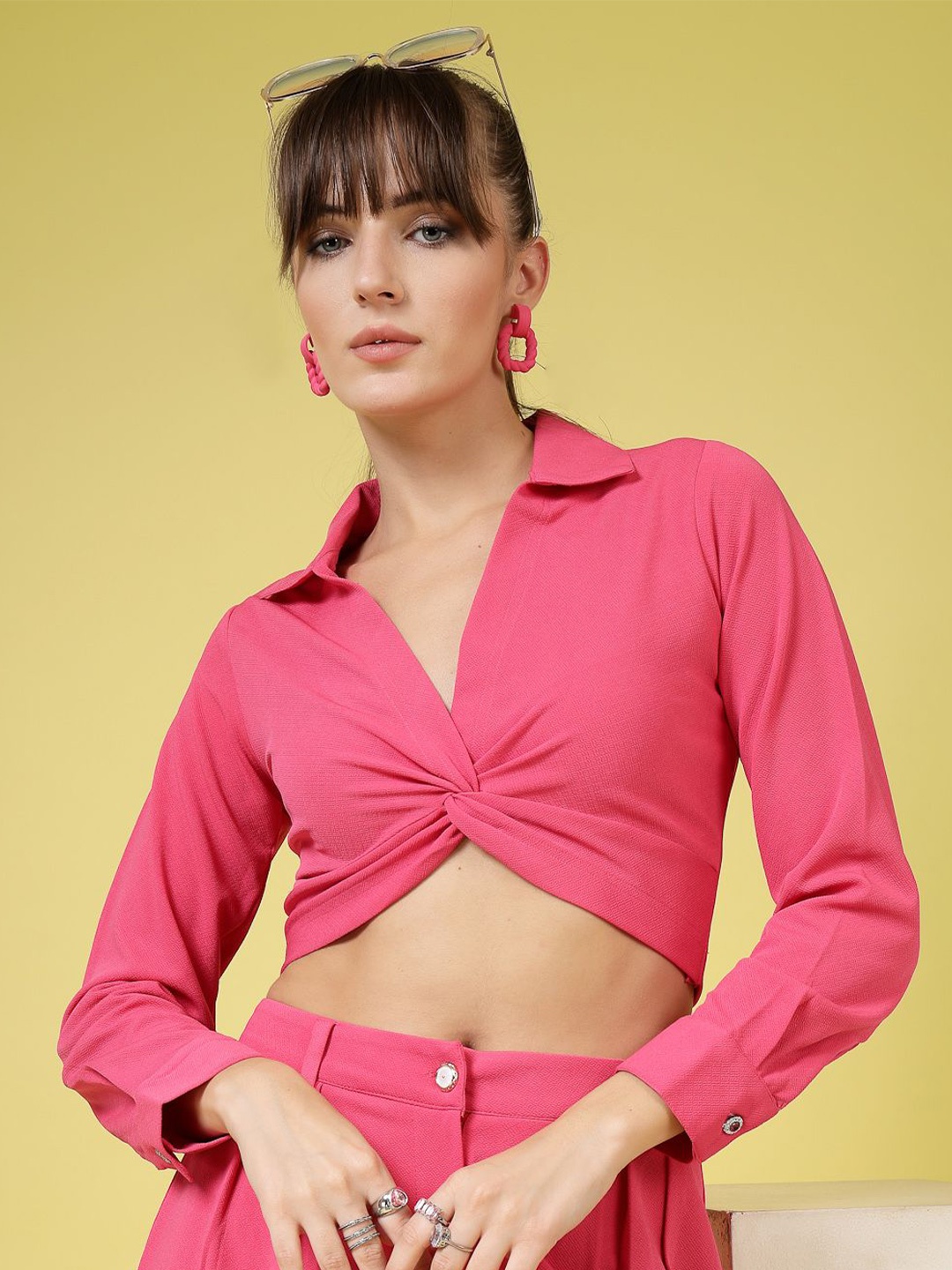 

DressBerry Women Solid Shirt Collar Warp Crop Top, Pink