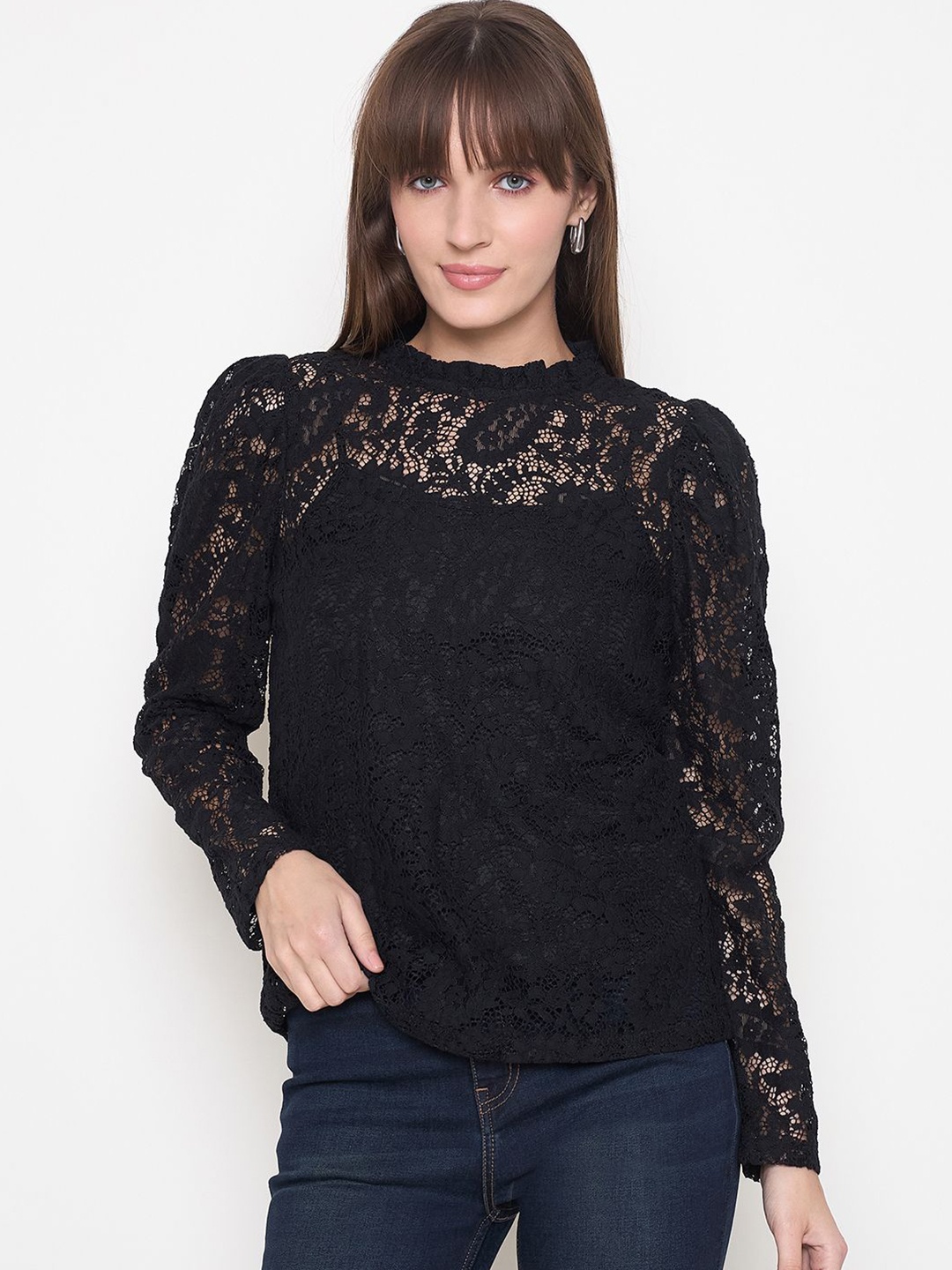 

Madame Cotton Self Design Lace Inserts Top, Black
