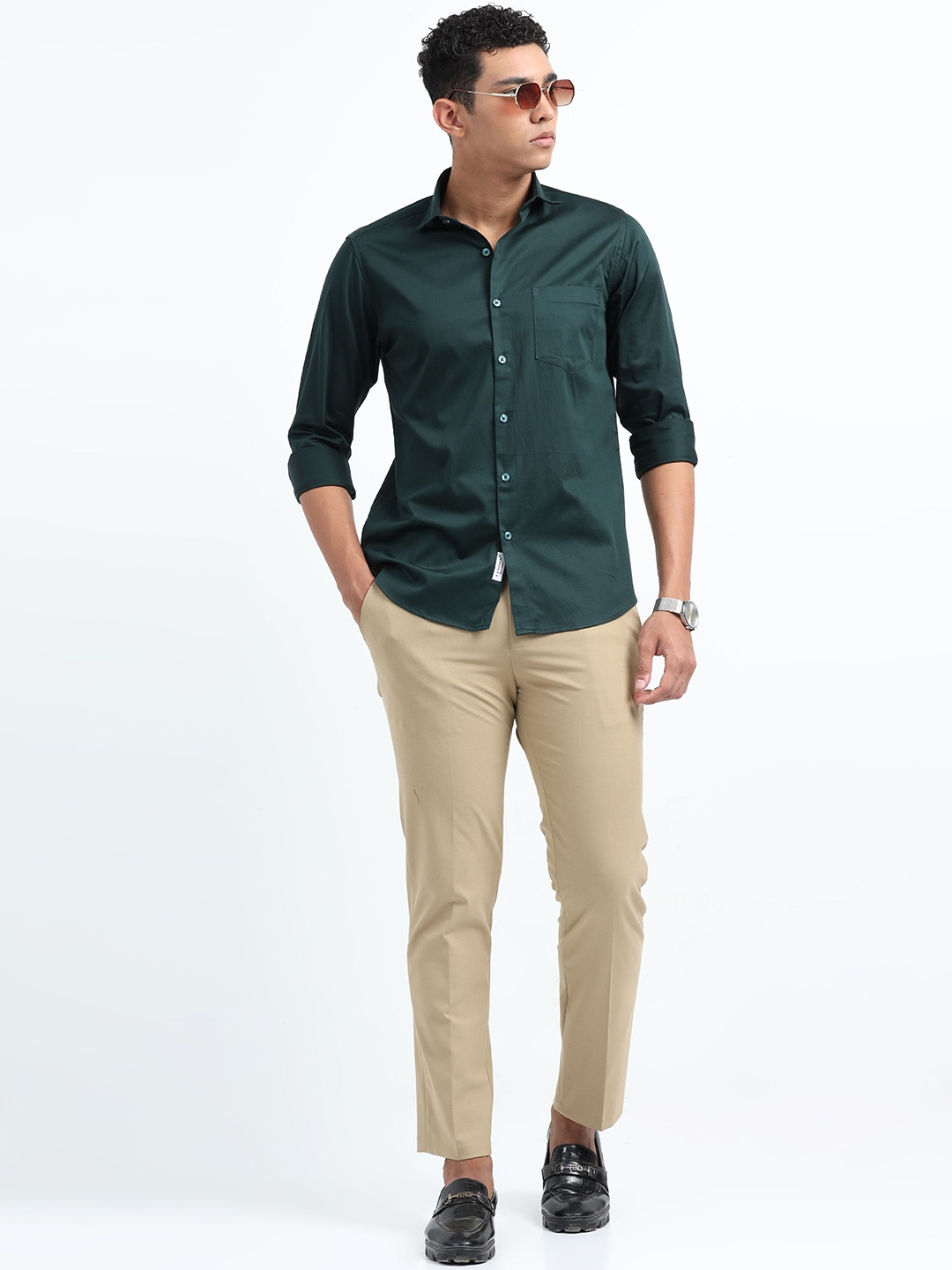 

U.S. PITCHERS Men Smart Slim Fit Spread Collar Solid Satin Casual Shirt, Green
