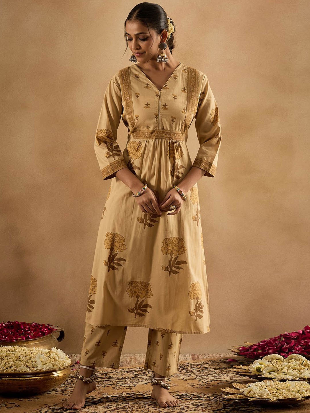 

Indo Era Floral Printed V-Neck Pleated Pure Cotton A-Line Kurta With Trouser, Beige