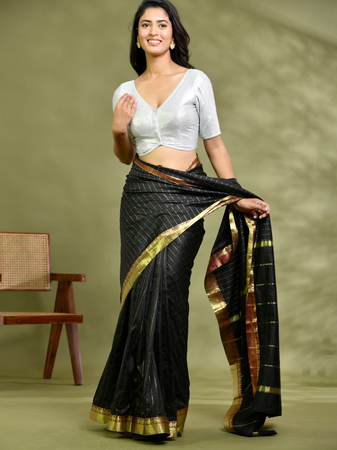 

Amodini Designer Studio Women Sequin Embellished Padded Saree Blouse, Grey
