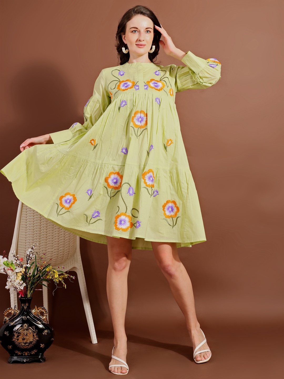 

Tikhi Imli Women Embroidered Empire Mandarin Collar Knee Length Pleated Ethnic Dresses, Lime green