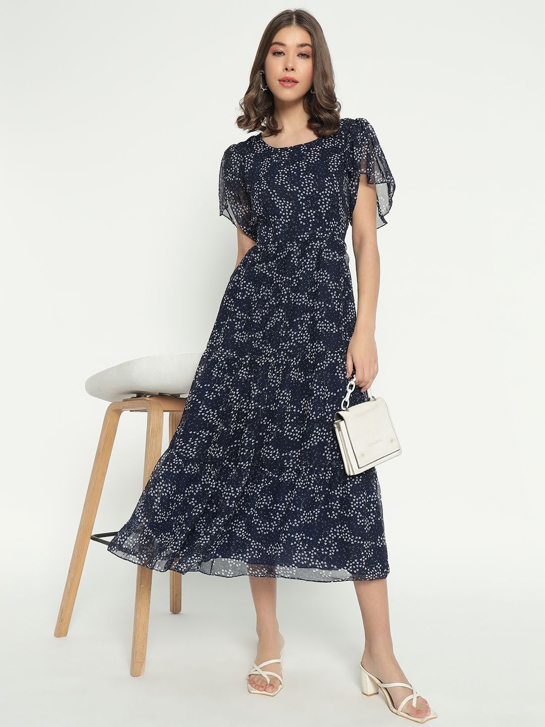 

Femvy Floral Printed Flared Sleeve Fit & Flare Midi Dress, Blue