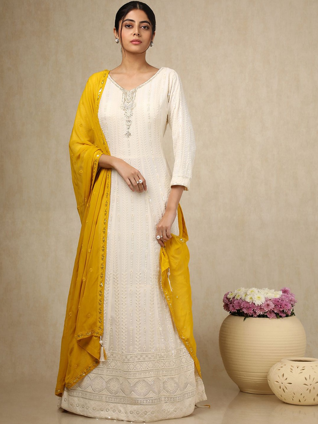 

Soch Ethnic Motifs Embroidered Thread Work Georgette A-Line Kurta & Churidar & Dupatta, Cream