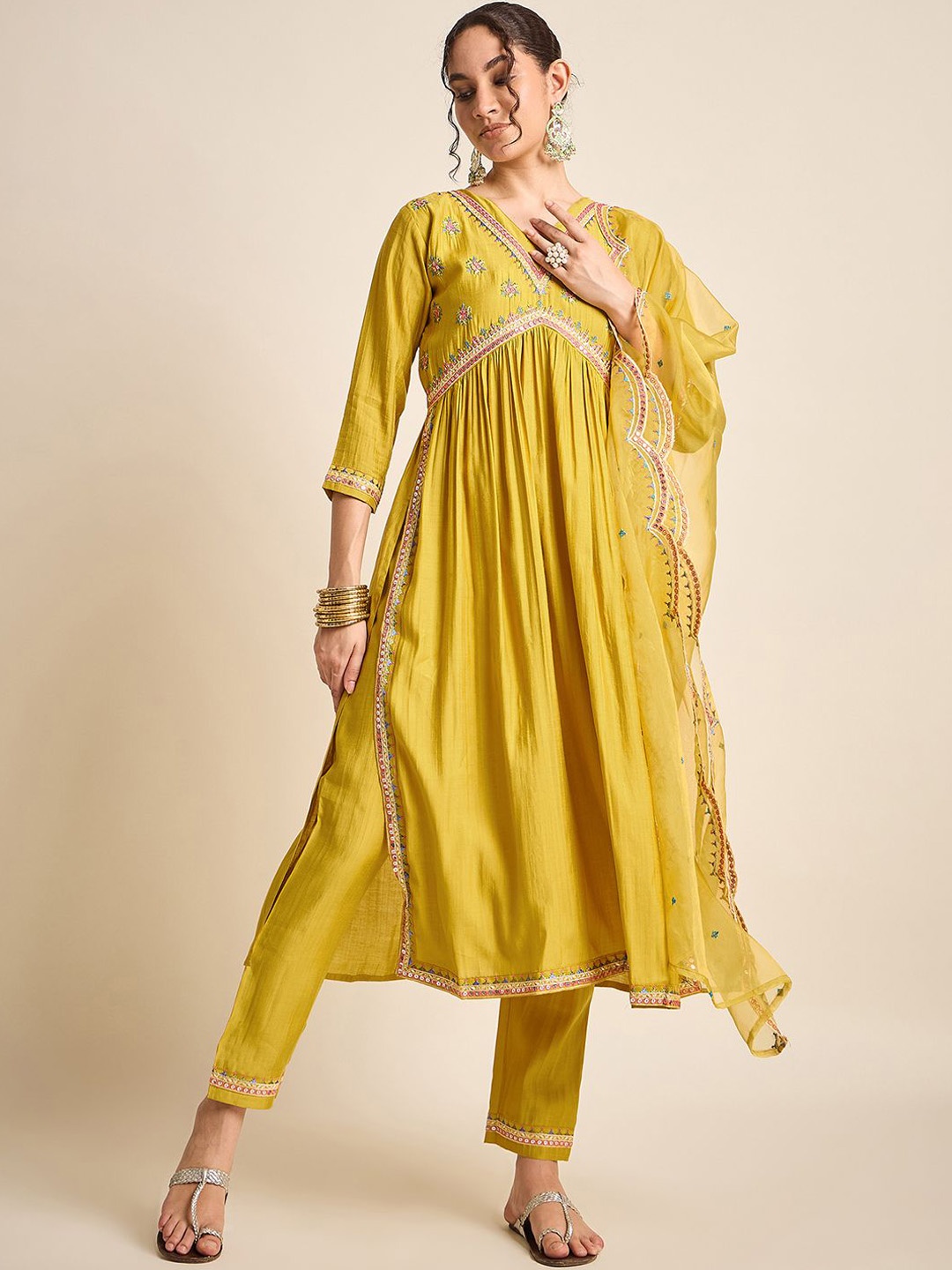 

Anouk Floral Yoke Design Sequinned Empire Kurta With Trousers & Dupatta, Yellow